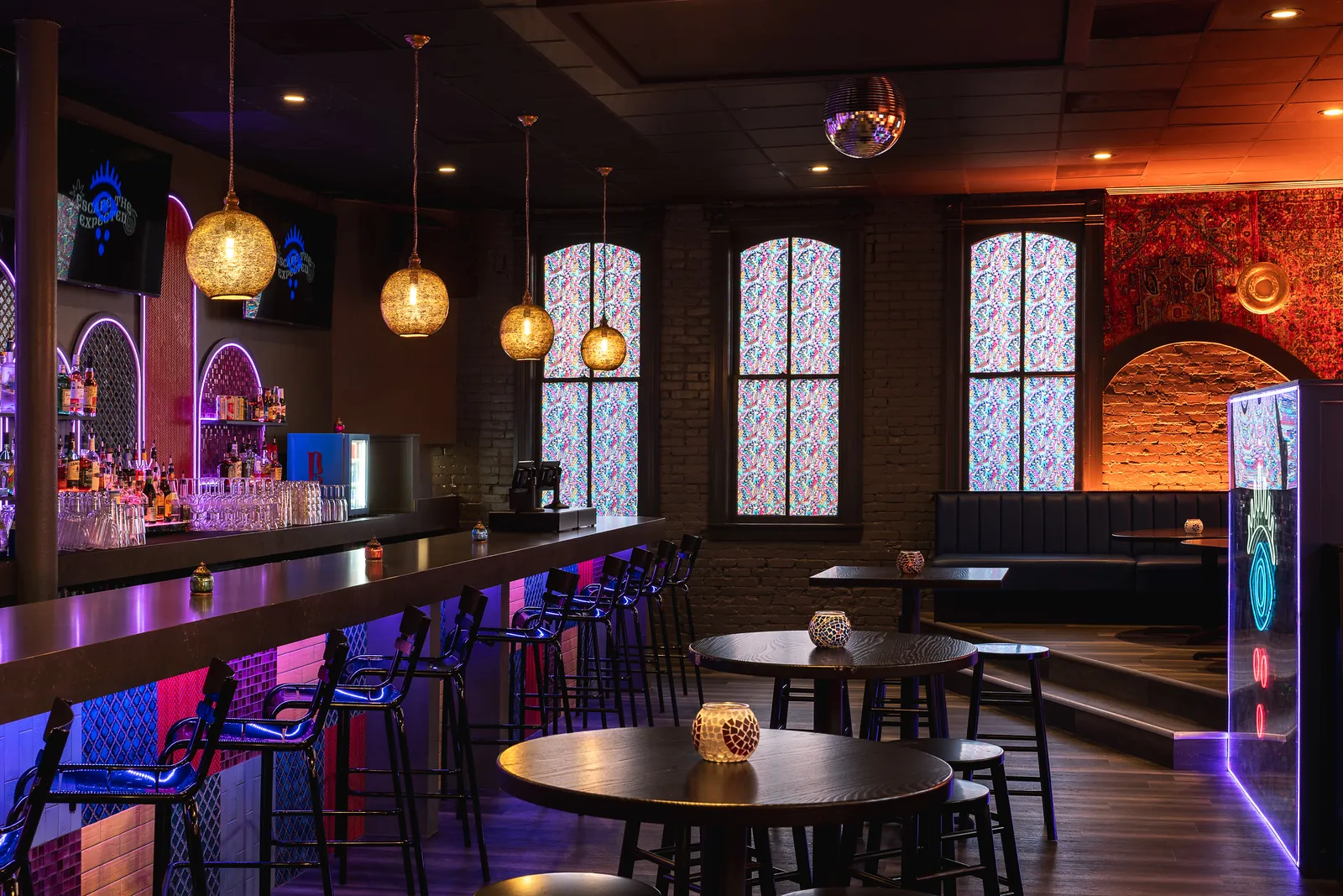 The bar and arched windows